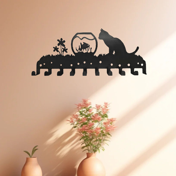 Adorable Cat Metal Wall Rack with 10 Hooks,