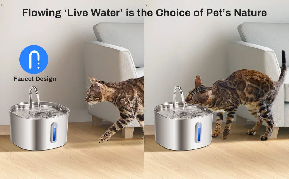2.2L Stainless Steel Cat Water Fountain - Ultra Quiet