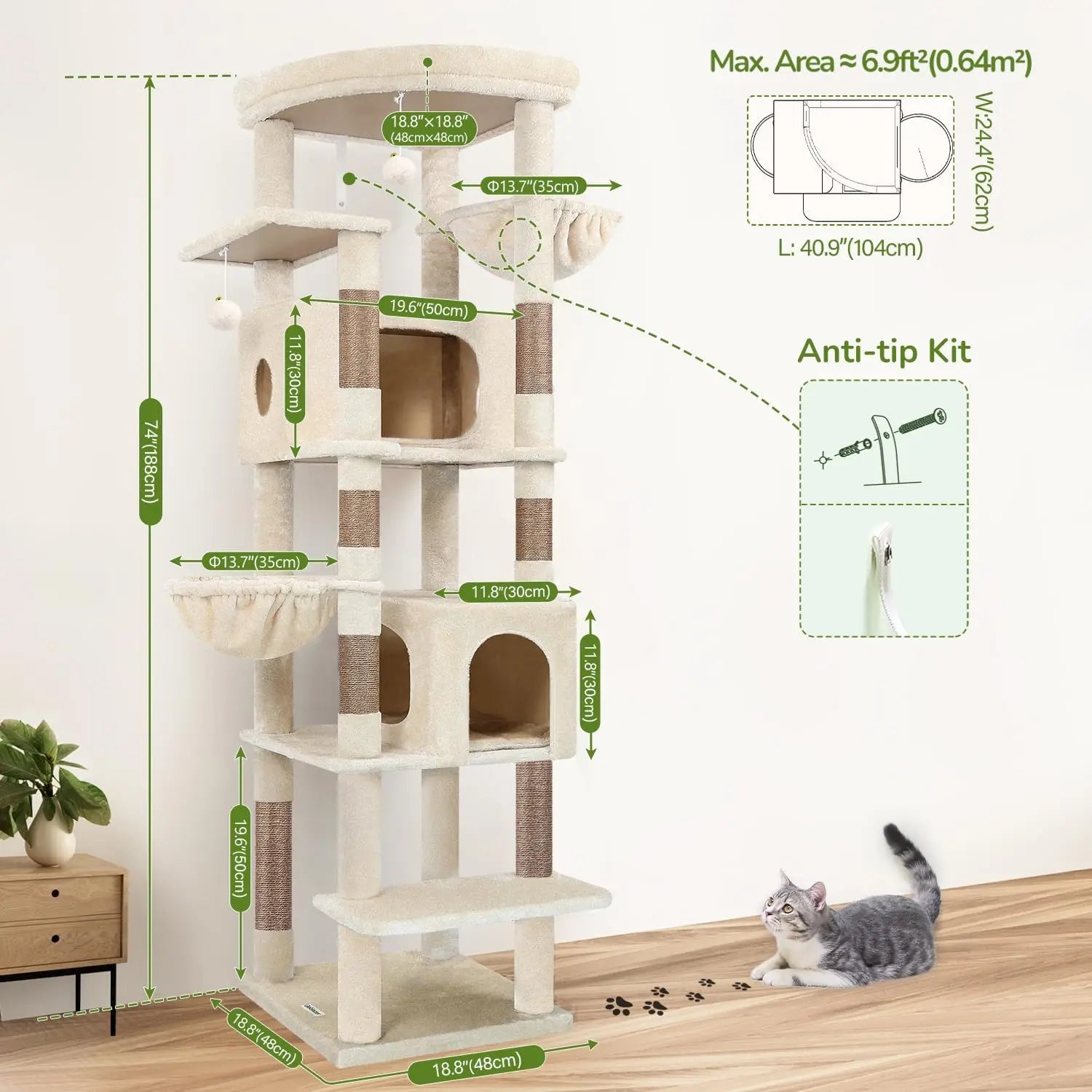 Heavy Duty 74in Cat Tree for Large Cats with Scratching posts.