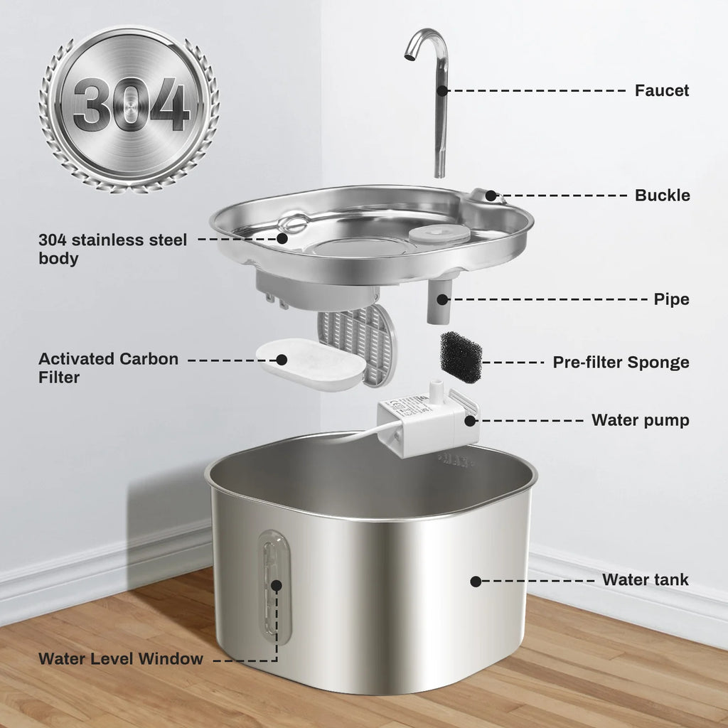 2.2L Stainless Steel Cat Water Fountain - Ultra Quiet