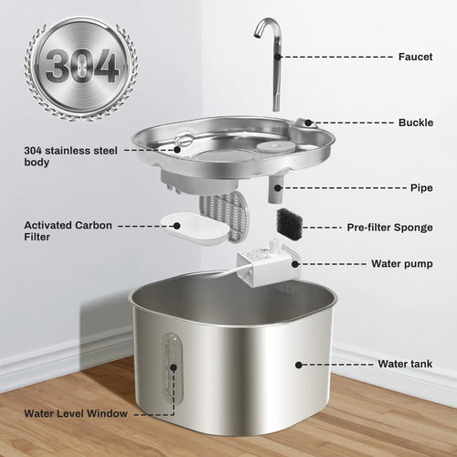 2.2L Stainless Steel Cat Water Fountain - Ultra Quiet