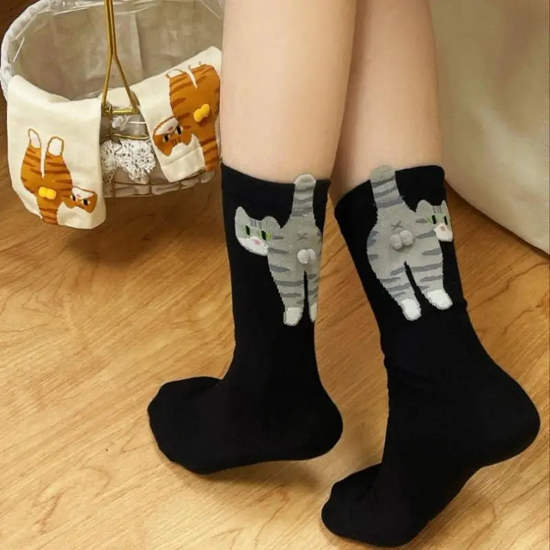 1pair Women's   Adorable Cat Print Tube Socks,