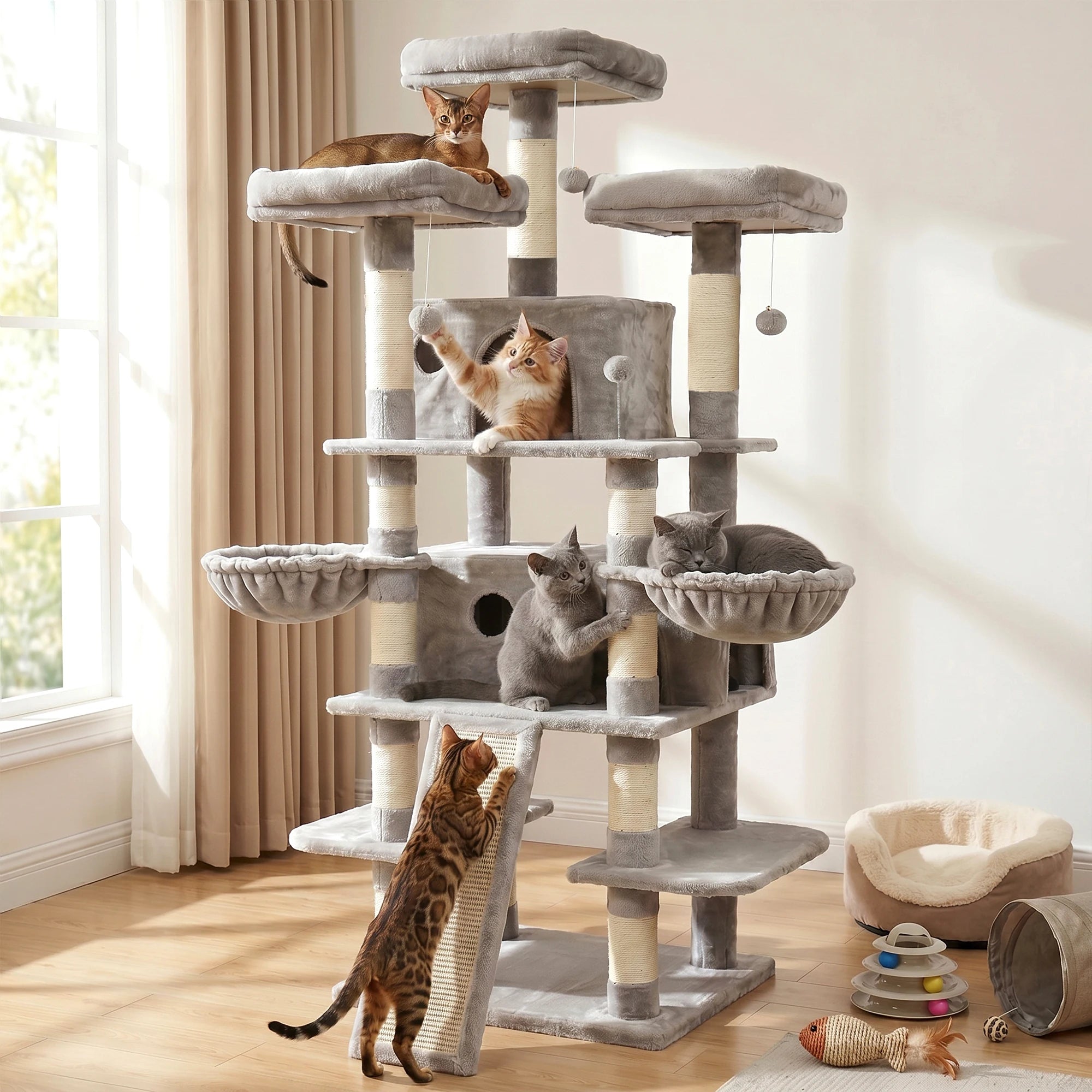 68in Large Multi Level Cat Tree Tower Activity Center 2 Condos 3 Plush Perches