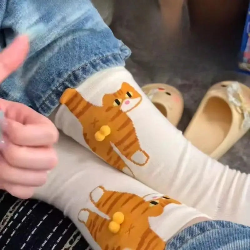 1pair Women's   Adorable Cat Print Tube Socks,