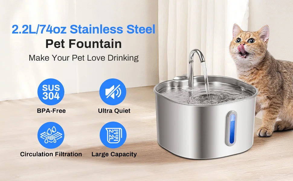 2.2L Stainless Steel Cat Water Fountain - Ultra Quiet