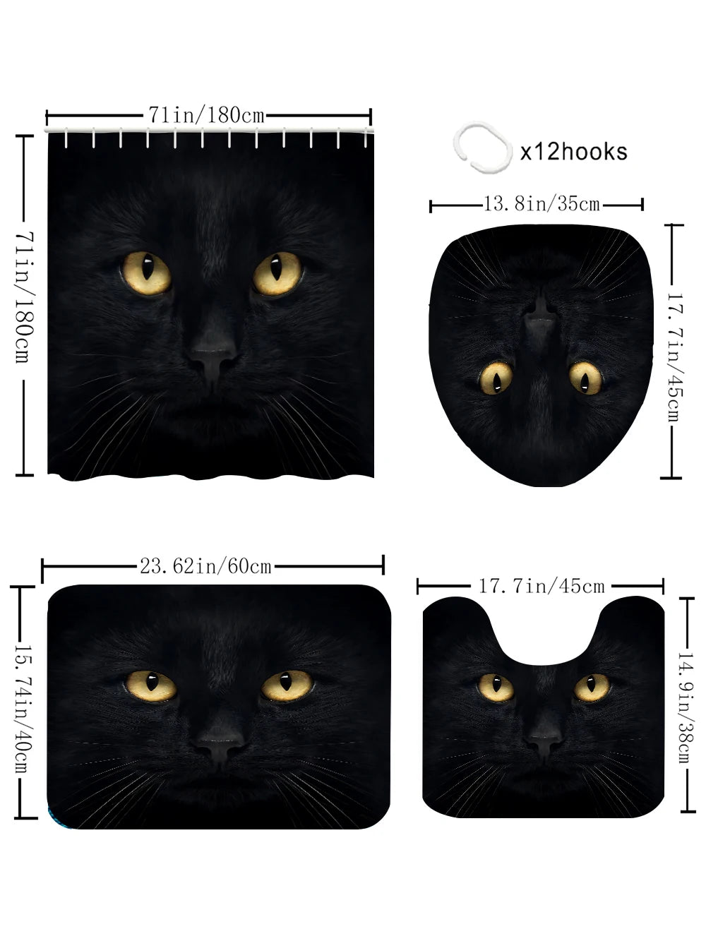 4pc Black Cat shower curtain set