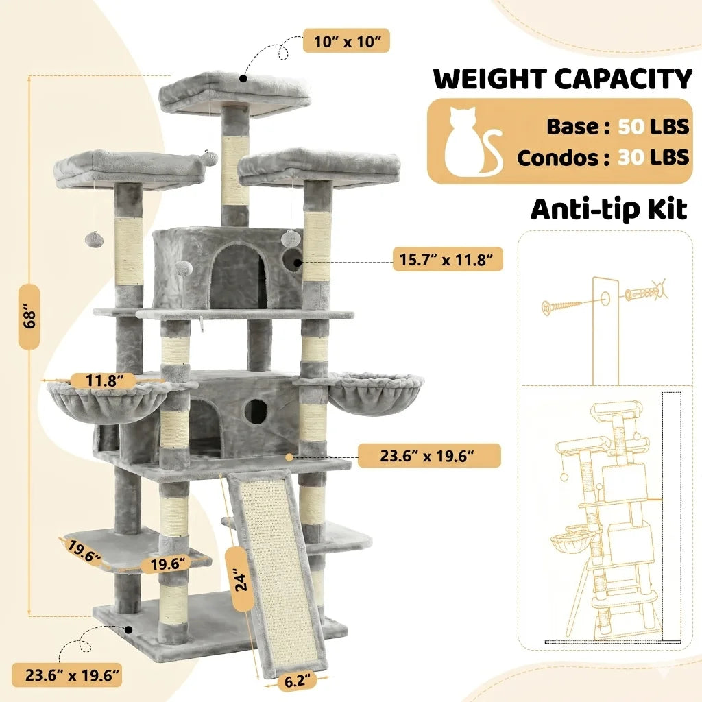 68in Large Multi Level Cat Tree Tower Activity Center 2 Condos 3 Plush Perches