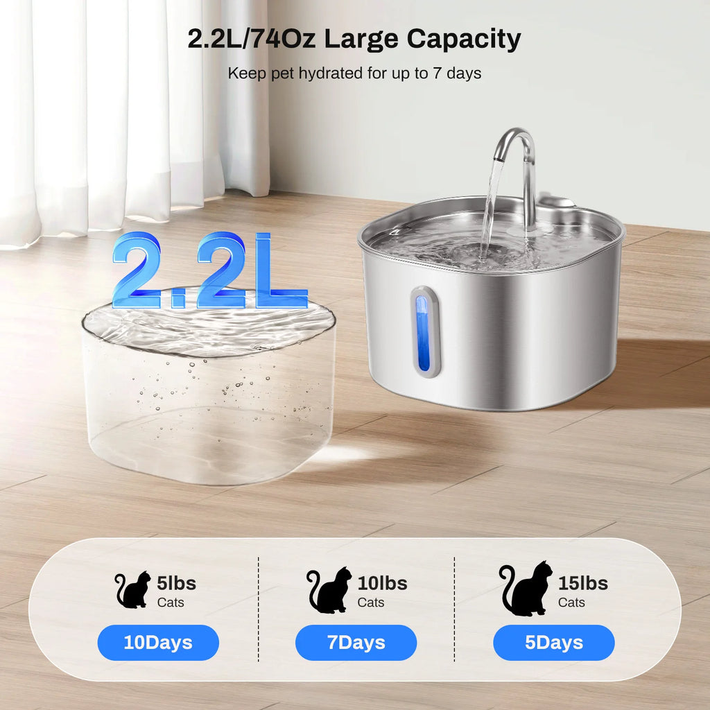 2.2L Stainless Steel Cat Water Fountain - Ultra Quiet