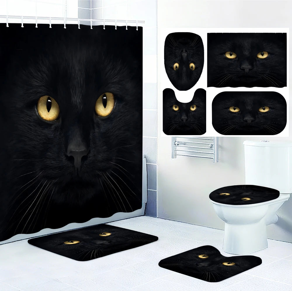 4pc Black Cat shower curtain set