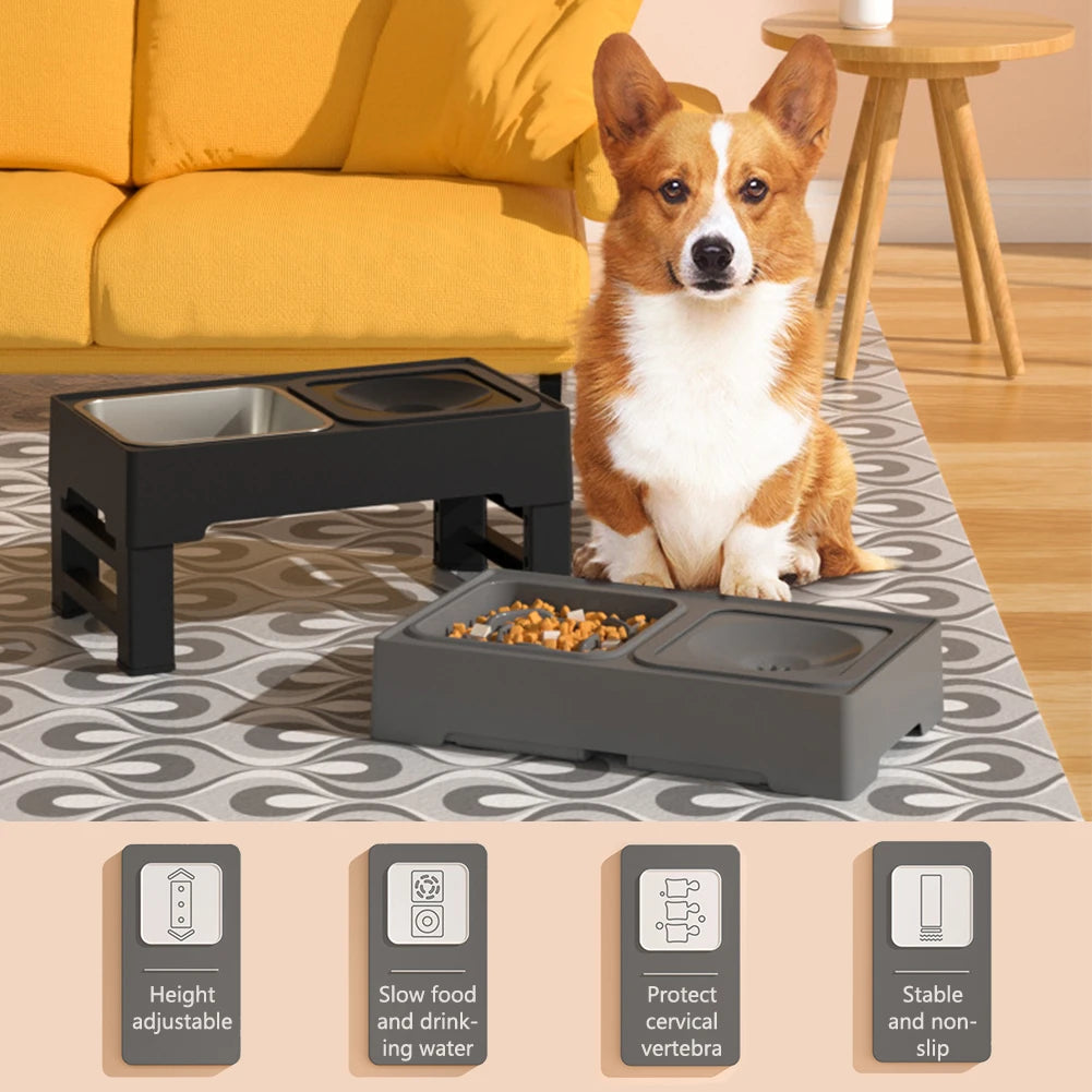 Elevated Dog Food Slow Feeder 4 Adjustable Heights with Bowls