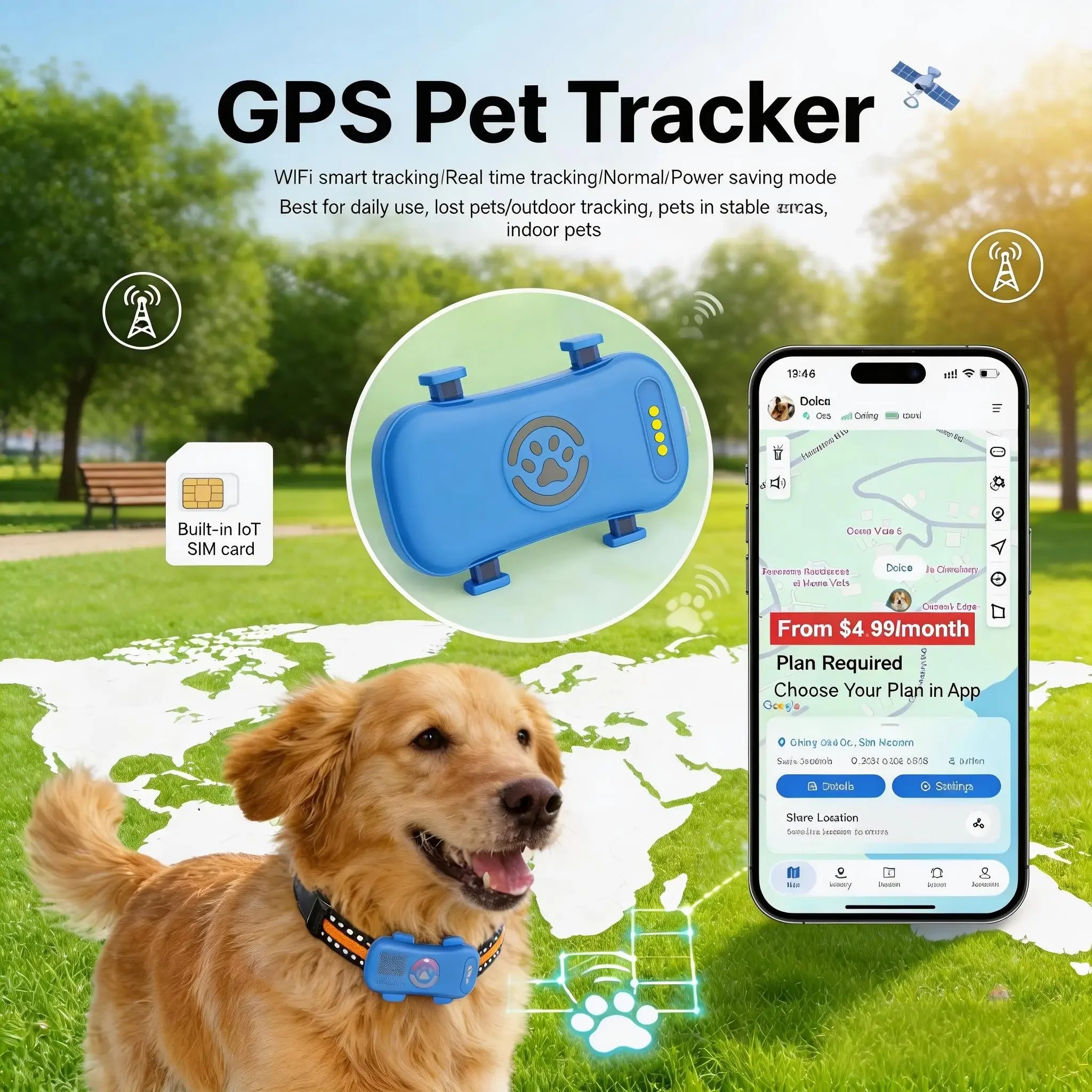 GPS Pet Tracker 4G for Dogs & Cats Built-in SIM with Real-Time Tracking,