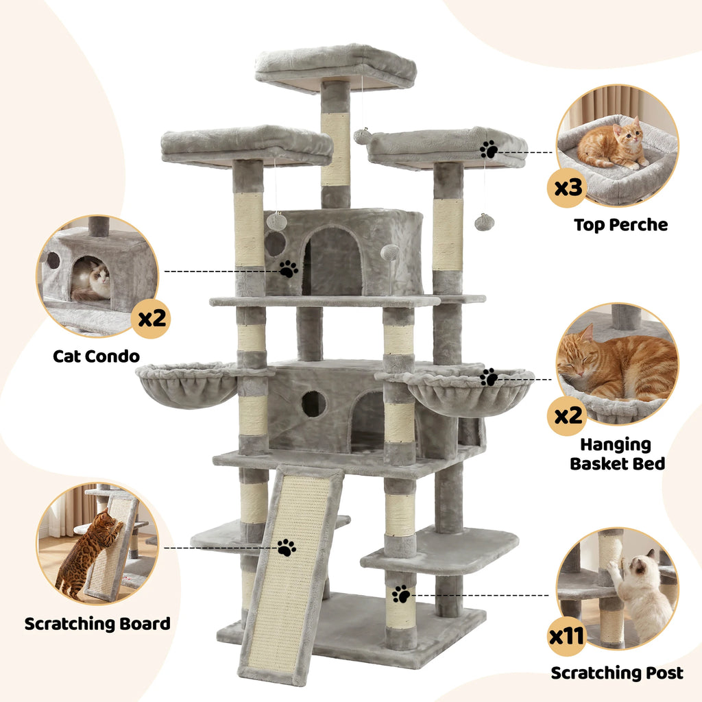 68in Large Multi Level Cat Tree Tower Activity Center 2 Condos 3 Plush Perches