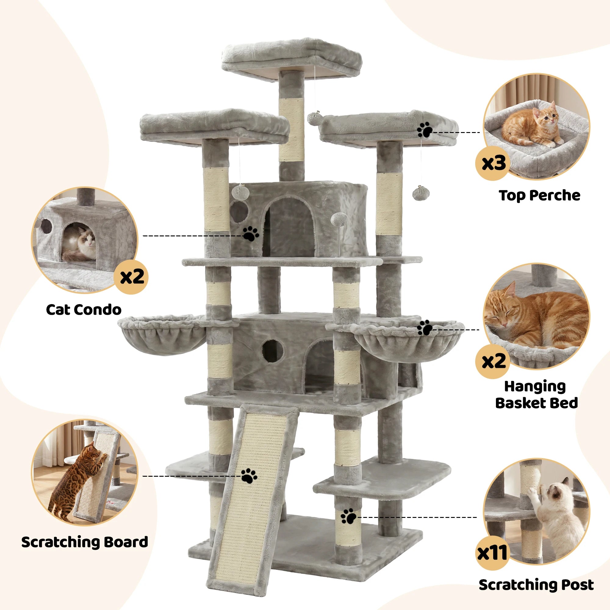 68in Large Multi Level Cat Tree Tower Activity Center 2 Condos 3 Plush Perches