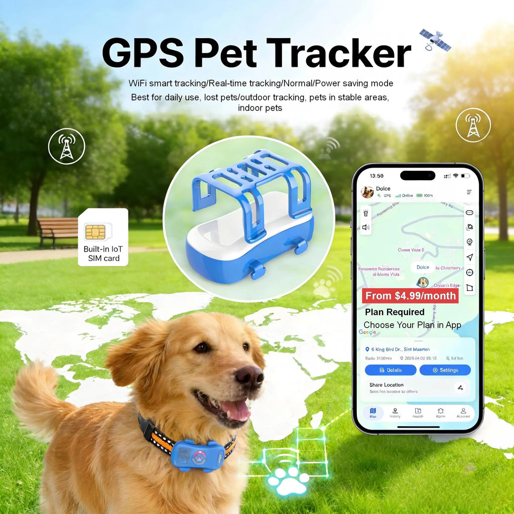 GPS Pet Tracker 4G for Dogs & Cats Built-in SIM with Real-Time Tracking,