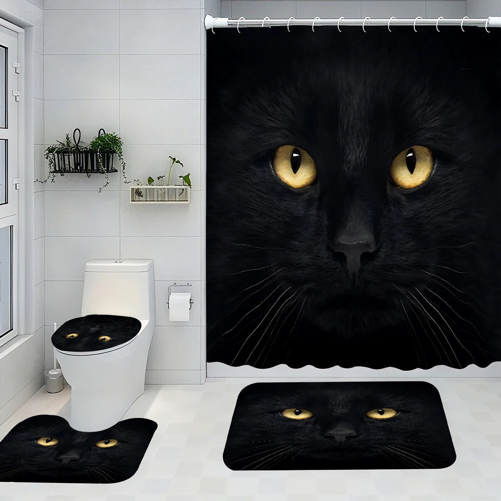 4pc Black Cat shower curtain set