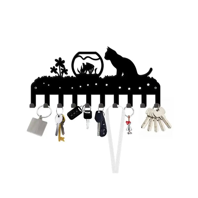 Adorable Cat Metal Wall Rack with 10 Hooks,