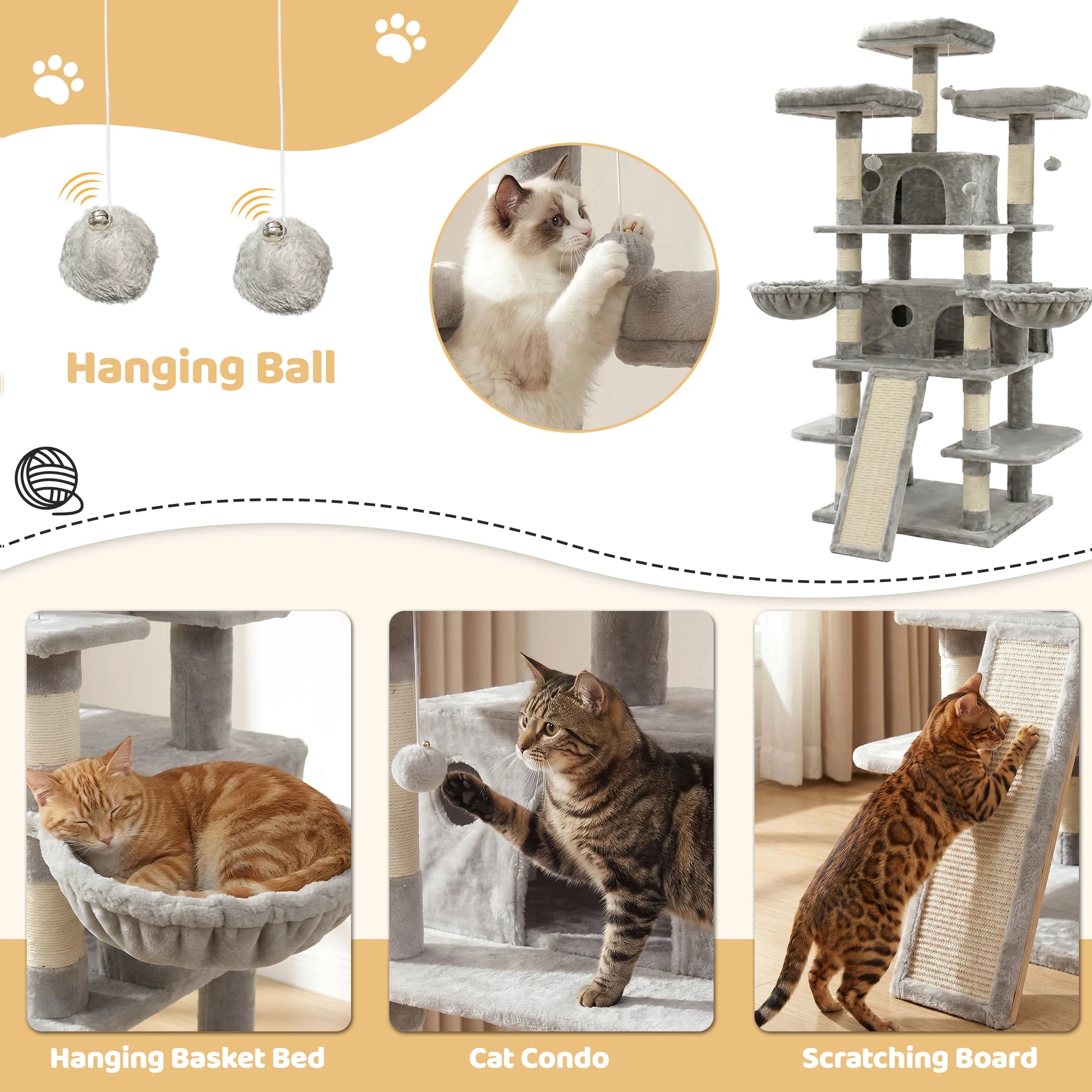 68in Large Multi Level Cat Tree Tower Activity Center 2 Condos 3 Plush Perches