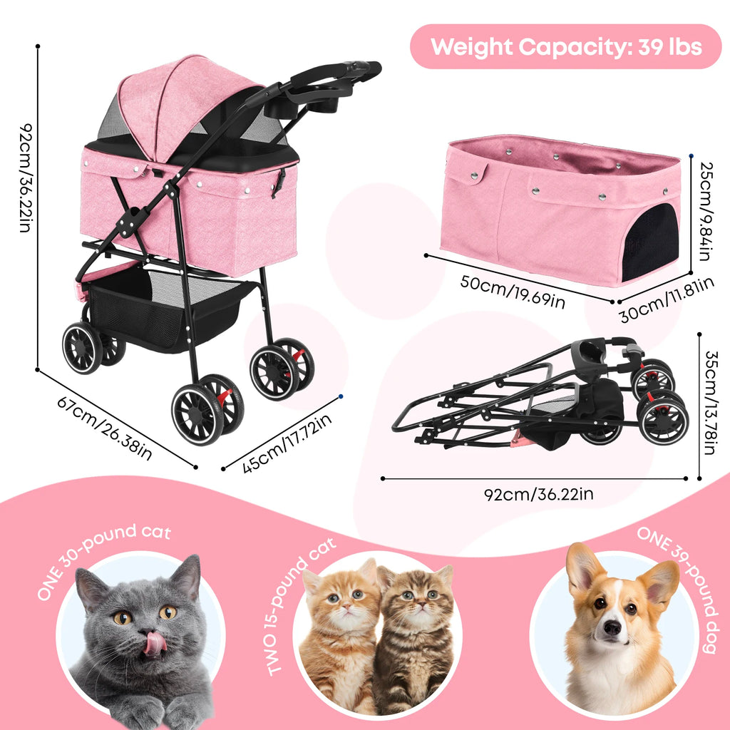 Pet Stroller For Small Puppy Dogs & Cats Foldable