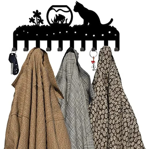 Adorable Cat Metal Wall Rack with 10 Hooks,